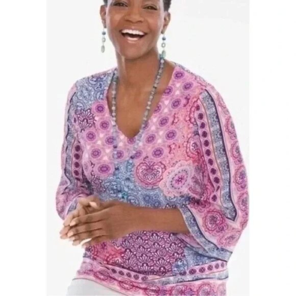 Chico’s Tile Print Kimono-Sleeve Blouse | Size 3 (XL) | NWOT / Like New - Picture 1 of 9